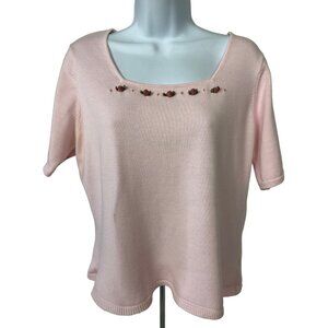 Yarnworks Knit Top Women Size L Pale Pink Flowers at Square Neck Short Sleeves